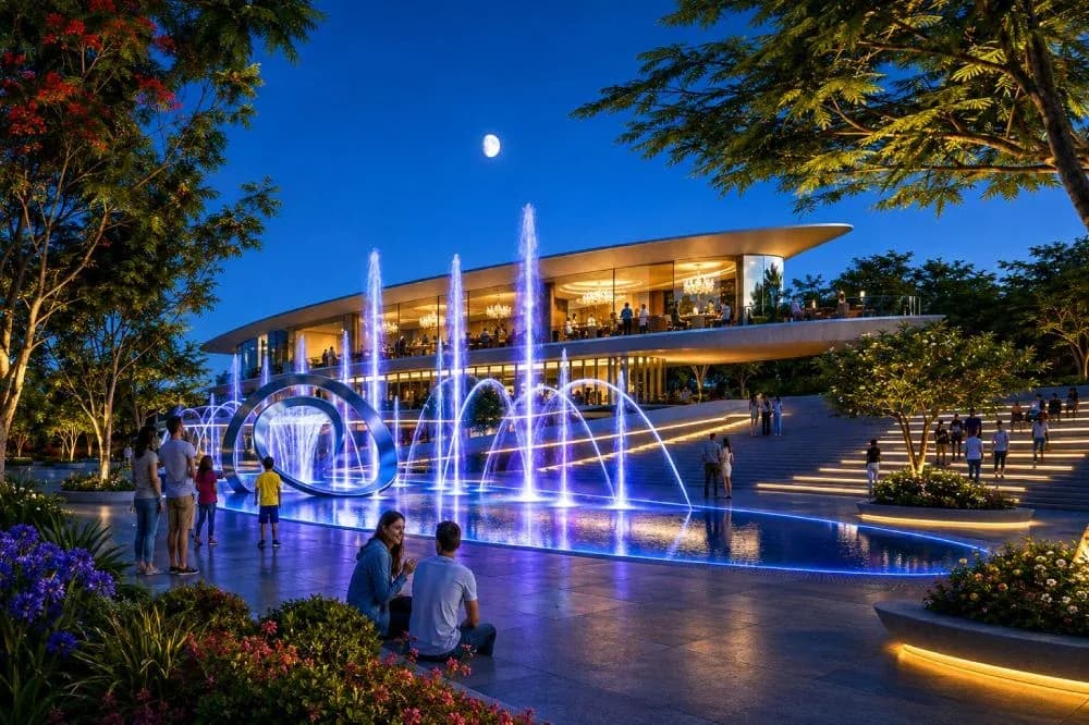 Clubhouse with illuminated fountains in the evening