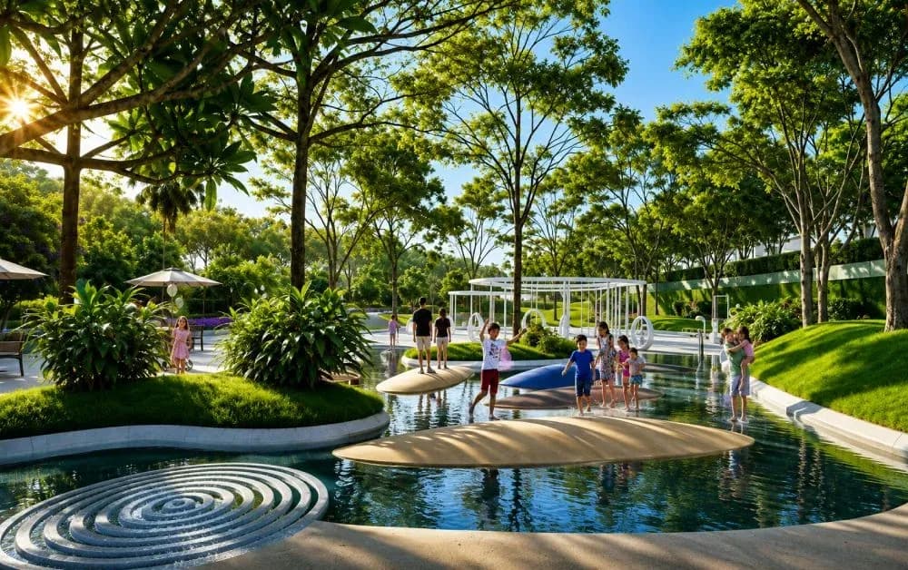 Children's water play area surrounded by gardens